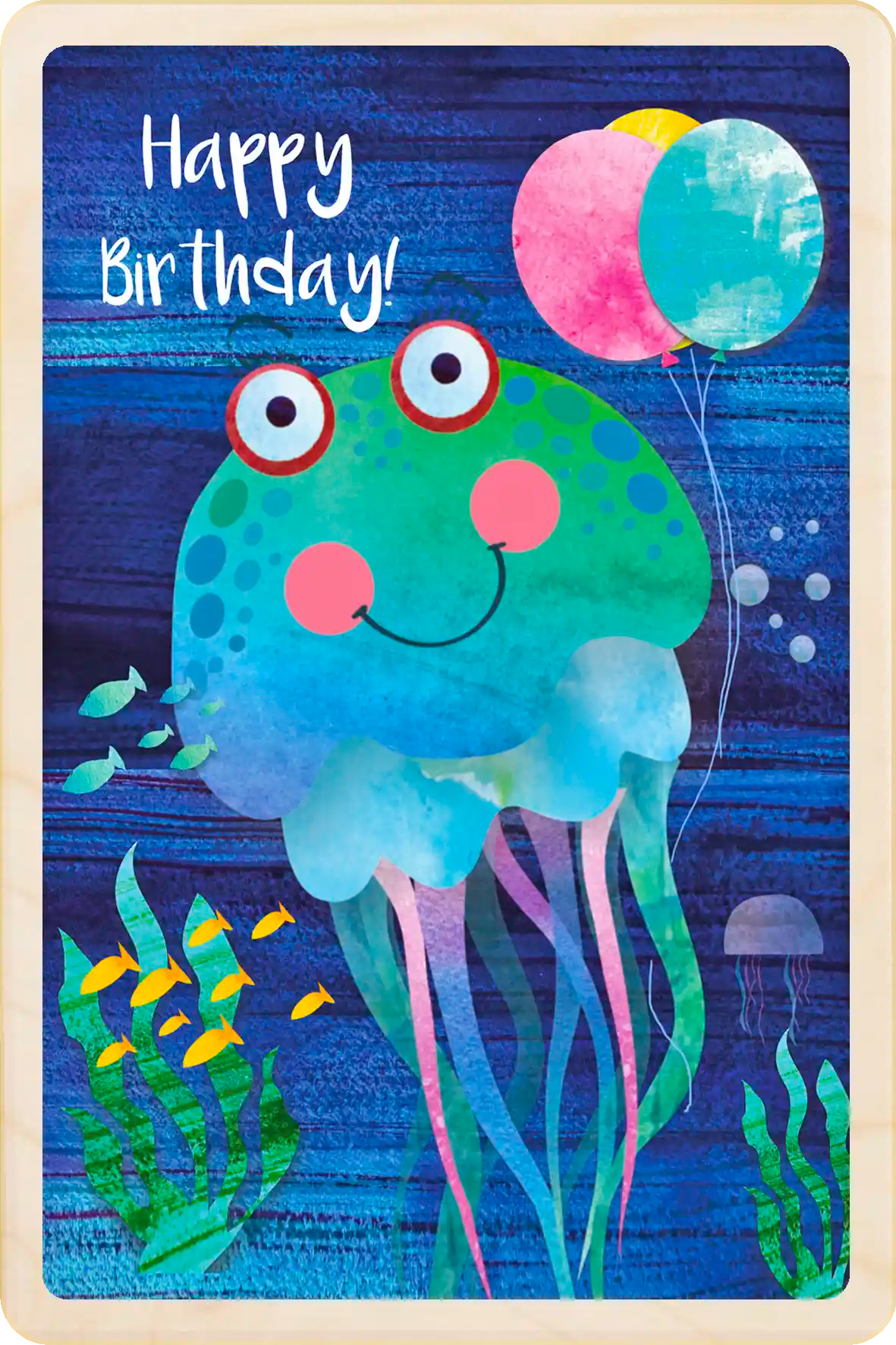 Jellyfish Birthday Card - Seaside Children's Birthday card. Sustainable wood Birthday card by The Wooden Postcard Company. Made in Suffolk since 2012.