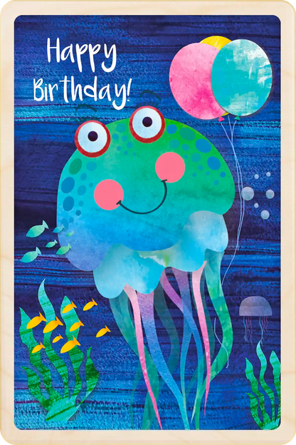 Jellyfish Birthday Card - Seaside Children's Birthday card. Sustainable wood Birthday card by The Wooden Postcard Company. Made in Suffolk since 2012.