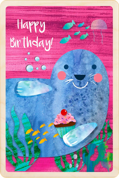 Seal Birthday Card - Seaside Children's Birthday card. Sustainable wood Birthday card by The Wooden Postcard Company. Made in Suffolk since 2012.