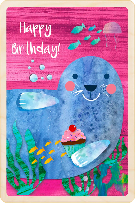 Seal Birthday Card - Seaside Children's Birthday card. Sustainable wood Birthday card by The Wooden Postcard Company. Made in Suffolk since 2012.