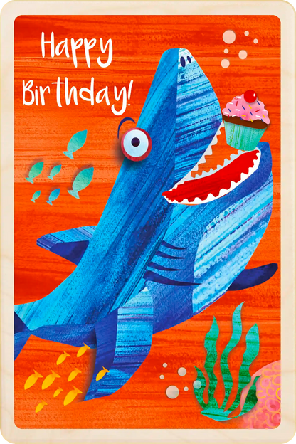 Birthday Shark Card - Children's Seaside Birthday card. Wooden cards made in Suffolk, England since 2012. Shipping to the USA duties & tariffs paid. Collectible Birthday keepsakes
