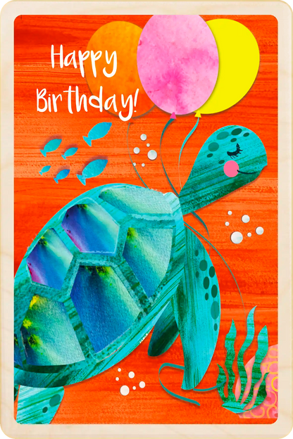 Birthday Turtle Card - Children Seaside Birthday card. Wooden cards made in Suffolk, England since 2012. Shipping to the USA duties & tariffs paid. Collectible Birthday keepsakes
