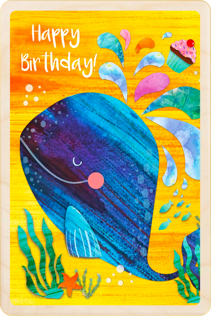 Blue Whale Birthday Card - Children Seaside Birthday card. Wooden cards made in Suffolk, England since 2012. Shipping to the USA duties & tariffs paid. Collectible Birthday keepsakes