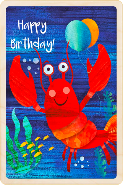 Birthday Lobster - Seaside Children's Birthday card. Sustainable wood Birthday card by The Wooden Postcard Company. Made in Suffolk since 2012.
