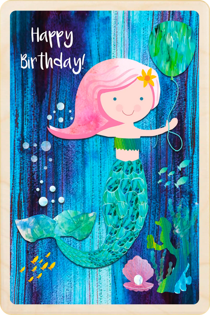 Mermaid  Birthday - Children's Birthday card. Sustainable wood Birthday card by The Wooden Postcard Company. Made in Suffolk since 2012.