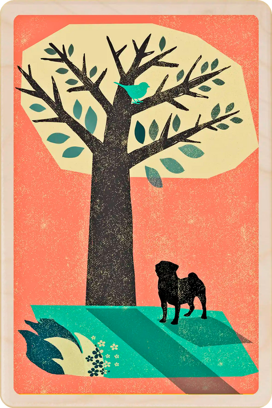 Pug wooden postcard by The Wooden Postcard Company. Original illustration by Rocket68 of a Pug dog.