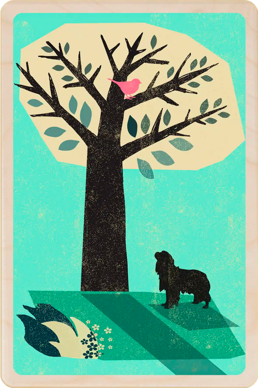 Cavalier King Charles Spaniel wooden postcard by The Wooden Postcard Company. Original illustration by Rocket68 of a Cavalier King Charles Spaniel dog.