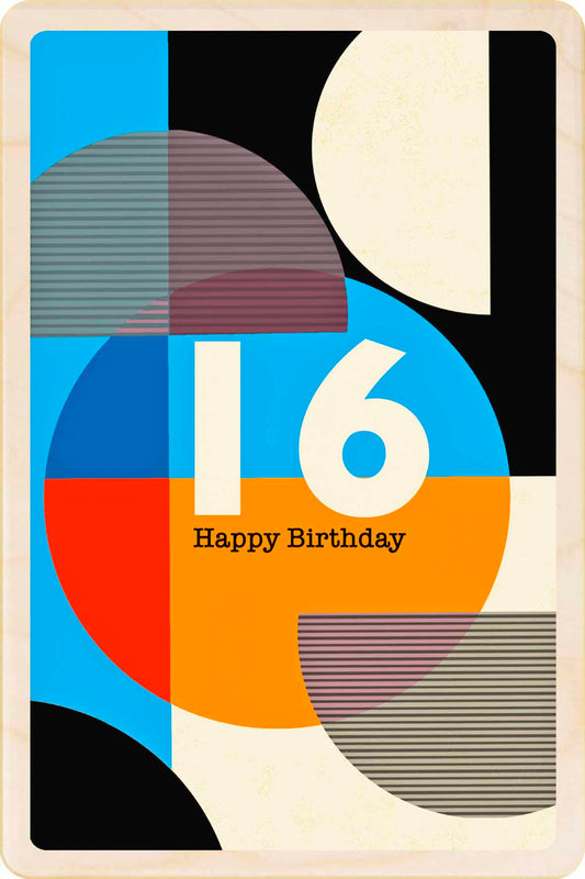 Geometric design birthday card with colourful shapes and 'Happy Birthday' text. 16th Birthday Card – Wooden Birthday card.


A joyful, vibrant card with a mid-century flavour, and a stylish Birthday keepsake.&nbsp;

Write on the back with any pen and post worldwide with a standard stamp - no envelope needed.