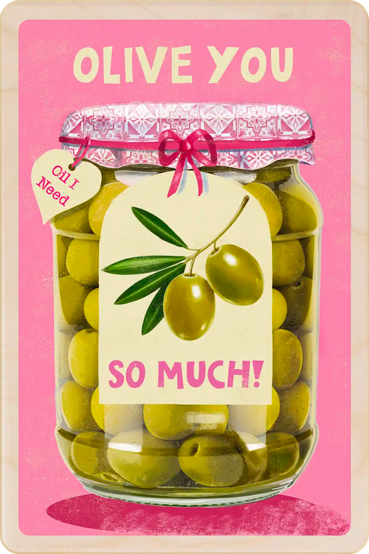 Love Card with a jar of olives and text 'Olive You So Much!' on a pink background - the wooden postcard company