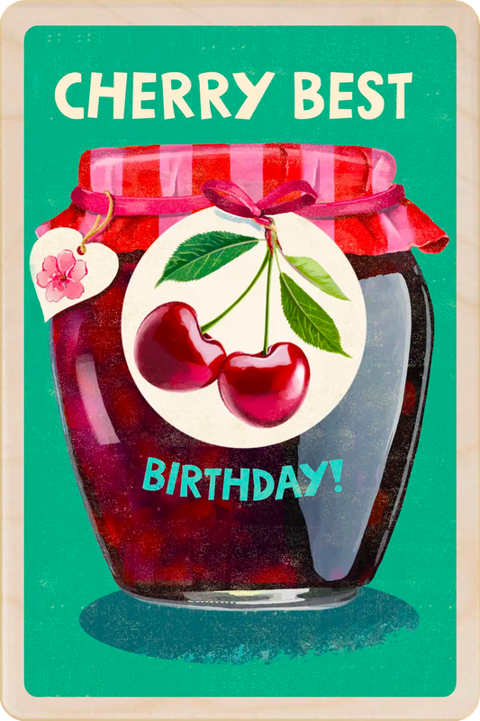 Birthday Card: Jar of cherry jam with a birthday message on a green background. The Wooden Postcard Company