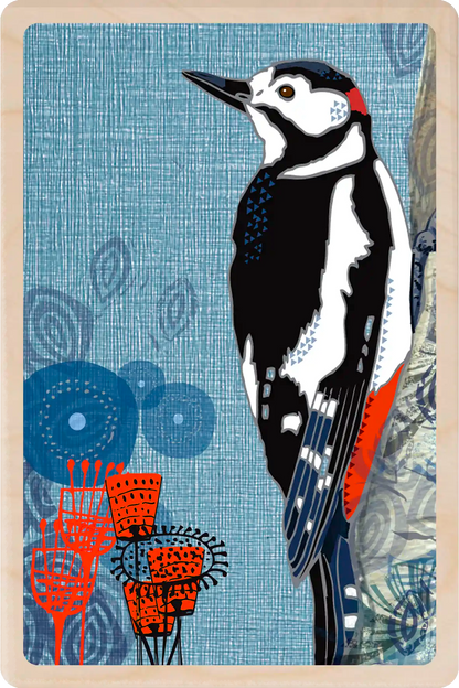 Spotted Woodpecker, Wooden Postcard to send and to keep. The Wooden postcard Company