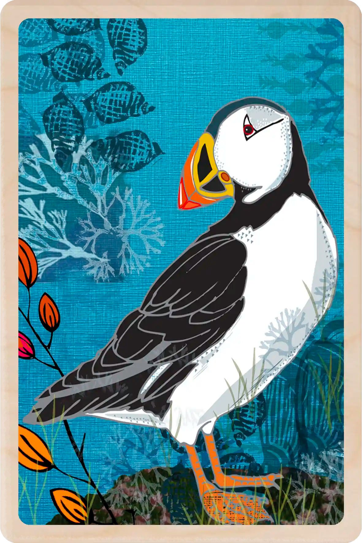 Puffin, Wooden Postcard to send and to keep. The wooden Postcard Company