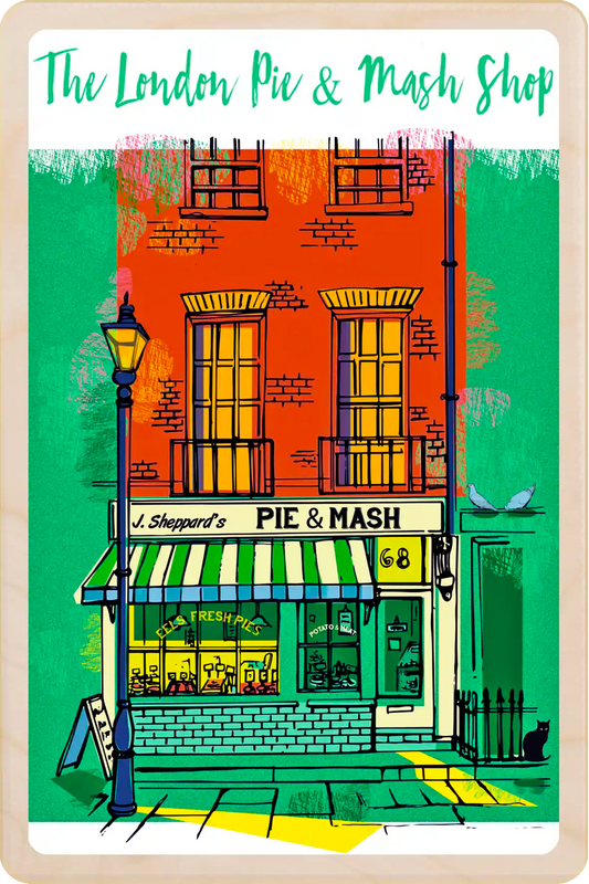 London Pie &amp; Mash Shop Wooden Postcard
The Wooden Postcard Company
A true London institution! The traditional East End pie and mash shop. Printed on premium, sustainably sourced wood, to be mailed, gifted, or collected; the perfect keepsake for lovers of authentic British culture.