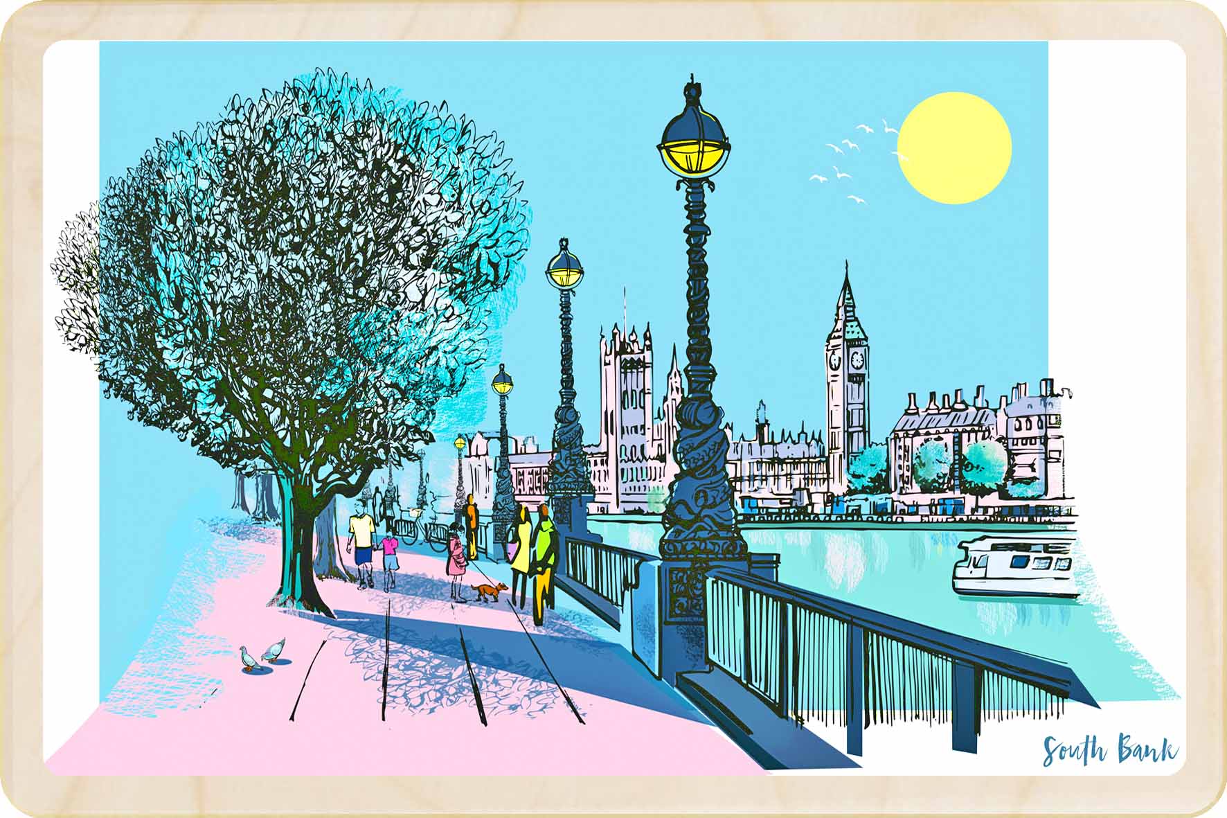 South Bank, London. Wooden Postcard to send and to keep. An original, award-winning illustrationby ©Rocket68, inspired by iconic London landmarks.