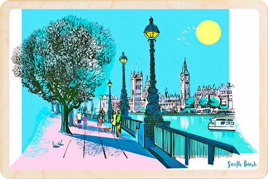 South Bank, London. Wooden Postcard to send and to keep. An original, award-winning illustrationby ©Rocket68, inspired by iconic London landmarks.
