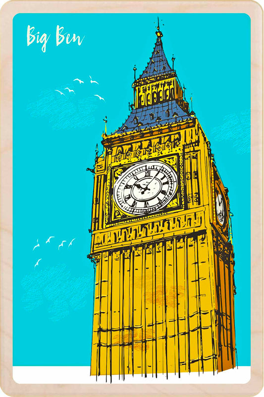 Illustration of Big Ben against a blue sky Big Ben, London - Wooden Postcard to send and to keep. An original, award-winning illustration by ©Rocket68.