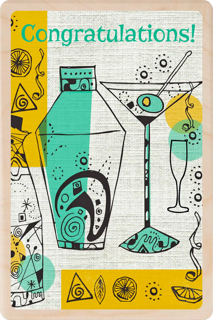 Congratulation Card|Original Cocktail illustration|Wooden cards made in Suffolk since 2012|Shipping to the USA duties & tariffs paid|Collectible keepsakes
