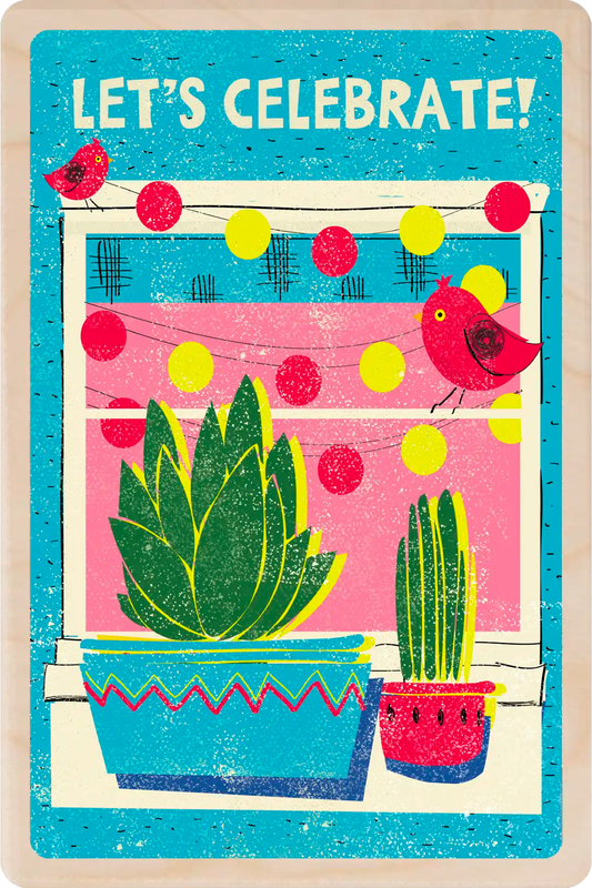 Let's Celebrate! Wooden Birthday Card. Write on the back with any pen and post worldwide with a standard stamp - no envelope needed.