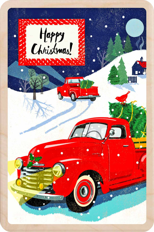 Vintage red truck with Christmas tree in a snowy landscape, 'Happy Christmas!' Christmas Truck – Christmas card - Wooden Postcard

Original Christmas illustration printed on sustainable wood. A beautiful card to send, display, or tuck into a stocking.