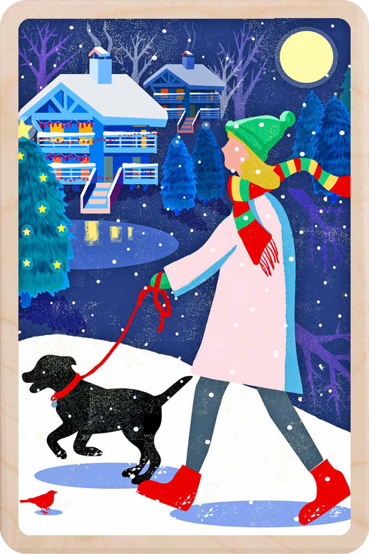 Christmas Walk – Christmas card - Wooden Postcard

Original Christmas illustration printed on sustainable wood. A beautiful card to send, display, or tuck into a stocking.