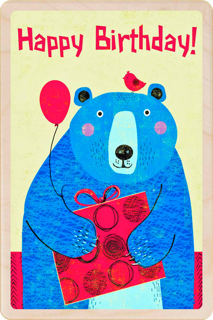 Sustainable children’s birthday postcard – printed on wood, handmade in Suffolk