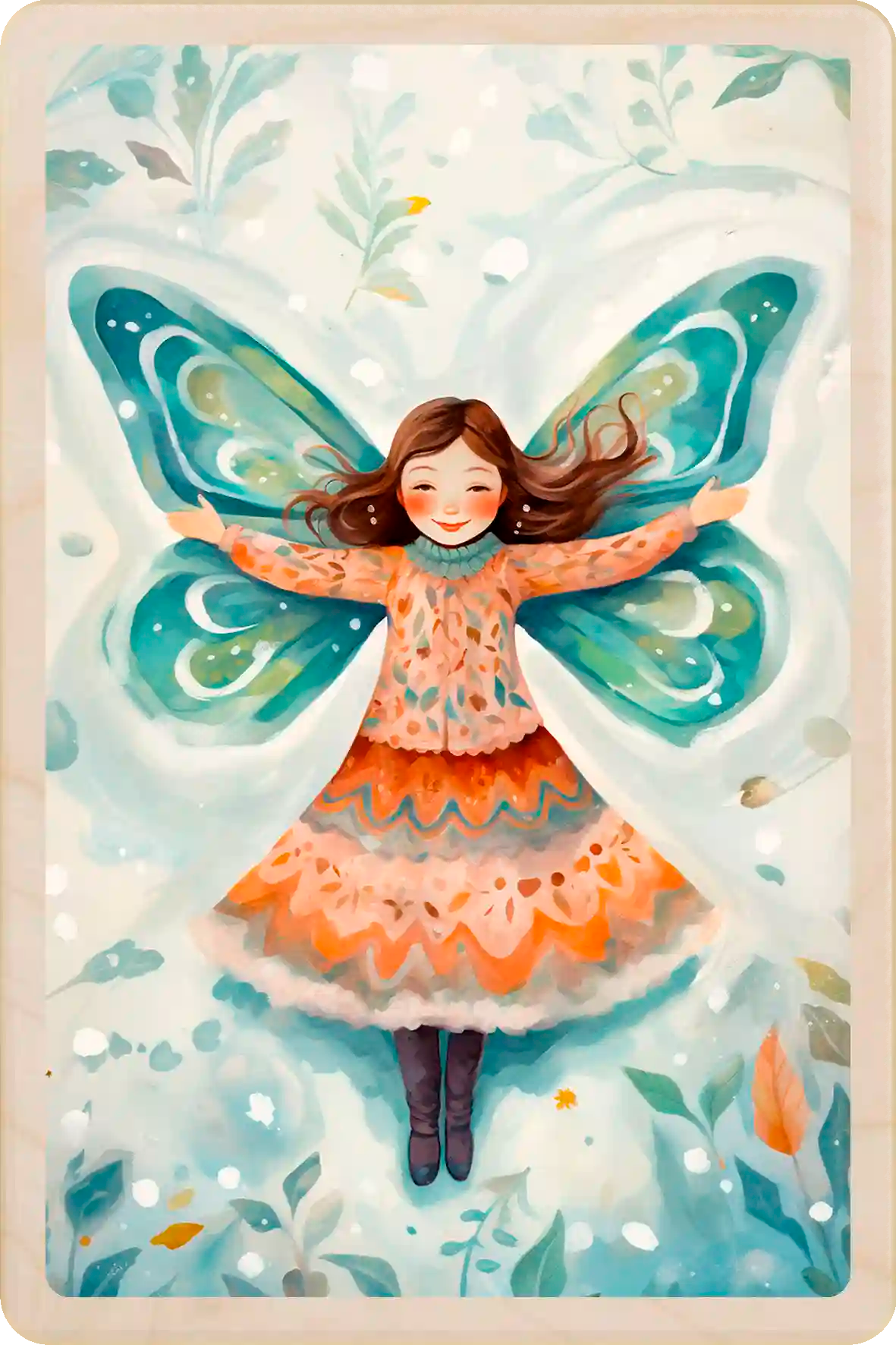 Butterfly Snow Angel, wooden Christmas card by Starlene Designs. The Wooden Postcard Company