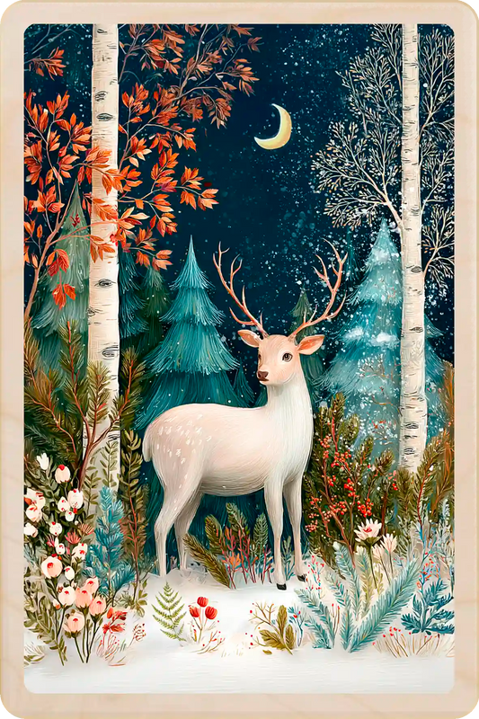 Silver Stag, Christmas wooden postcard. A beautiful card to send, tuck into a stocking, and keep and display. The Wooden Postcard Company