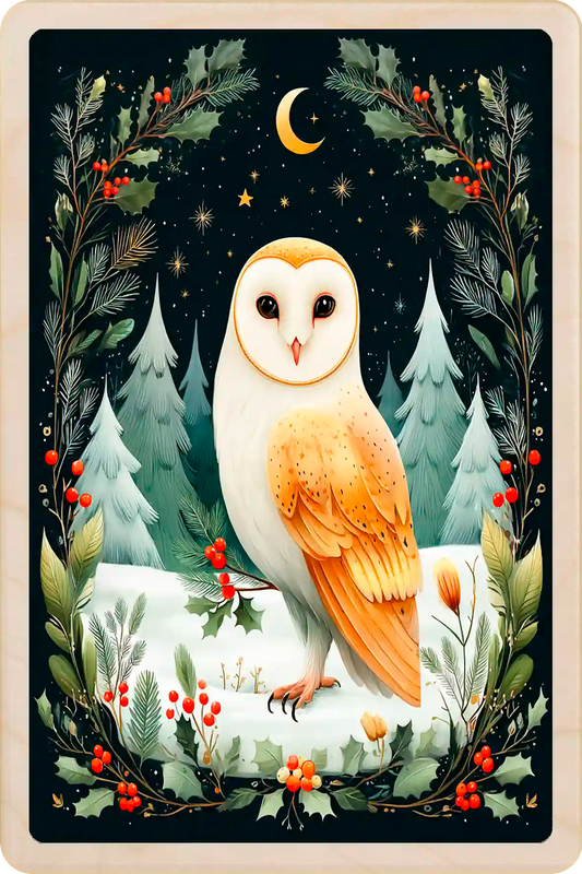 Tawny Owl, Christmas wooden postcard. A beautiful card to send, tuck into a stocking, and keep and display. The Wooden Postcard Company