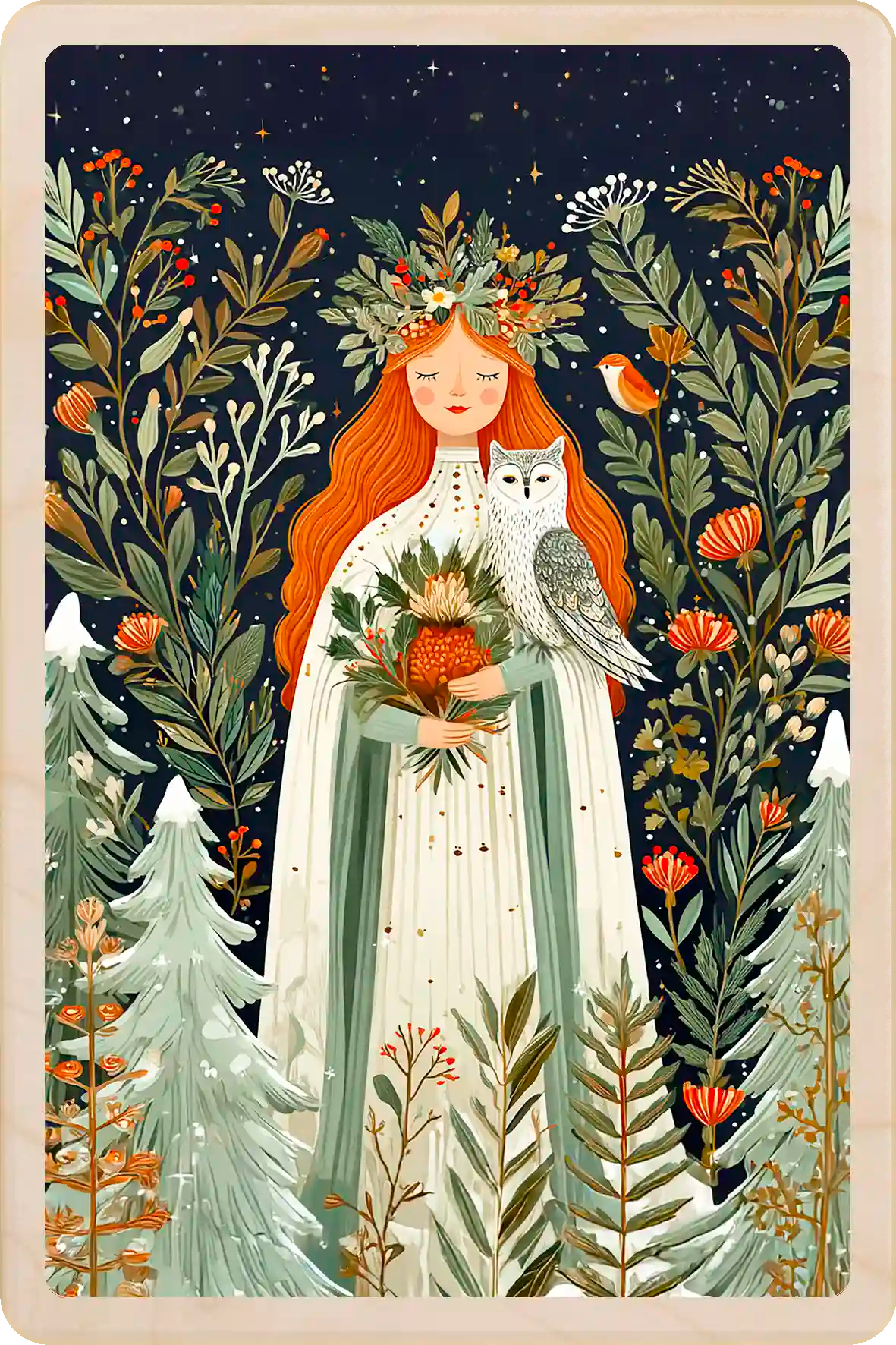 Snow Queen, Christmas wooden postcard. A beautiful card to send, tuck into a stocking, and keep and display. The Wooden Postcard Company