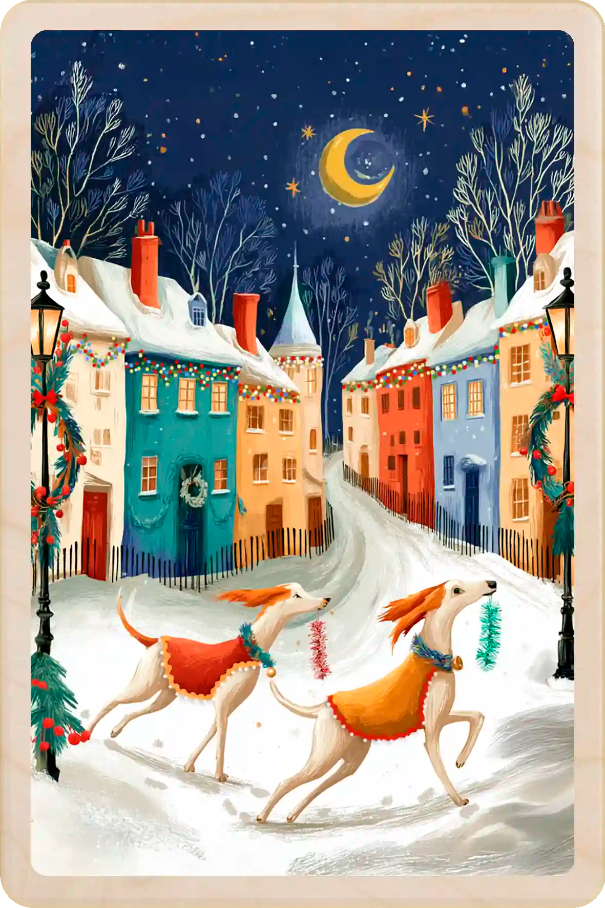 Tinseltown Hounds, Christmas wooden postcard. ©Starlene Designs. A beautiful card to send, tuck into a stocking, and keep and display. The Wooden Postcard Company