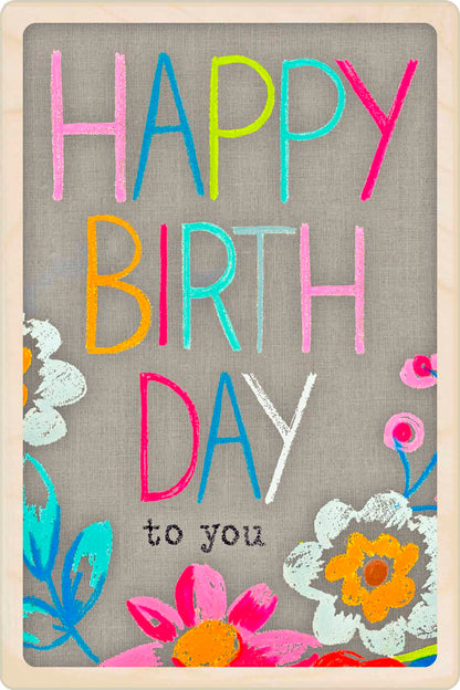 Birthday Card, Floral design by Sarah Kelleher, printed on sustainable wood by The Wooden Postcard Company