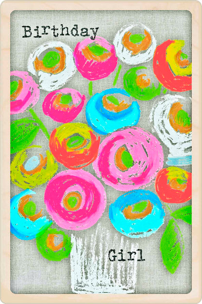 Birthday Card, floral design by Sarah Kelleher. Printed in Suffolk on responsibly sourced wood. Made to send and keep and display.