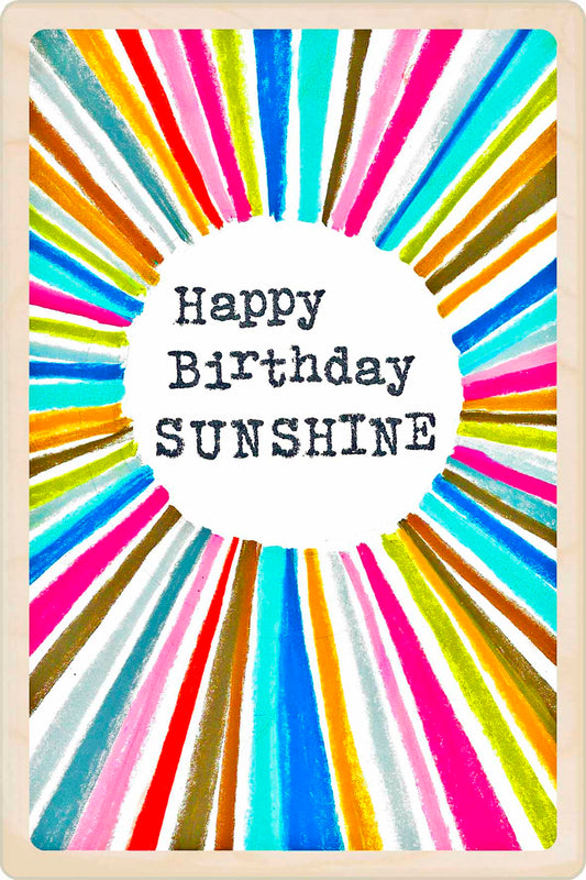 Birthday Card, Sunshine design by Sarah Kelleher, printed on sustainable wood by The Wooden Postcard Company