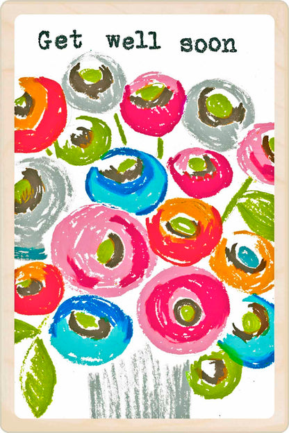 Get Well Soon - floral card to send love, support, or thoughtful wishes. Made in Suffolk from sustainable wood since 2012.