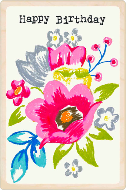 Birthday Card, Floral design by Sarah Kelleher, printed on sustainable wood by The Wooden Postcard Company
