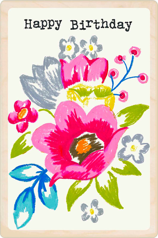 Birthday Card, Floral design by Sarah Kelleher, printed on sustainable wood by The Wooden Postcard Company