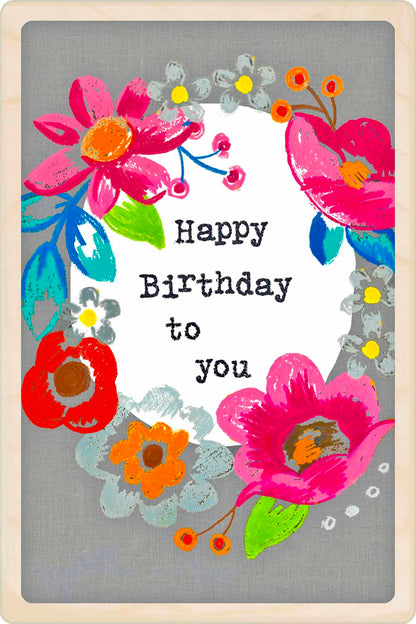 Birthday Card, Floral design by Sarah Kelleher, printed on sustainable wood by The Wooden Postcard Company