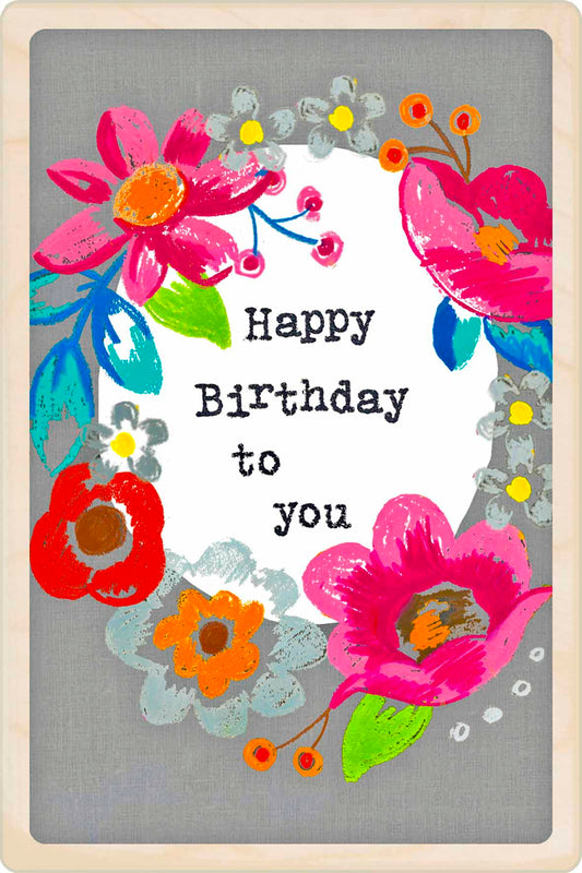 Birthday Card, Floral design by Sarah Kelleher, printed on sustainable wood by The Wooden Postcard Company