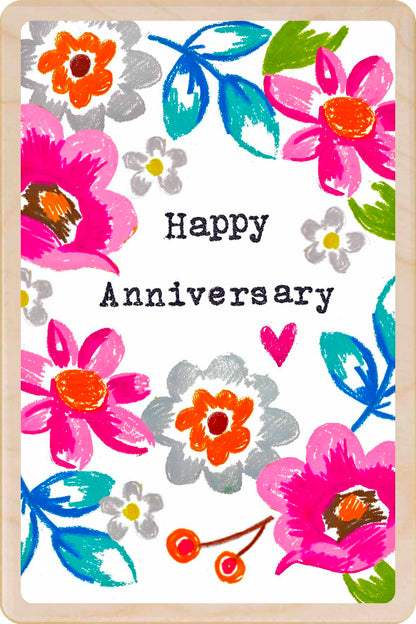 Wooden anniversary postcard featuring a floral design by Sarah Kelleher, printed on sustainably sourced wood by The Wooden Postcard Company
