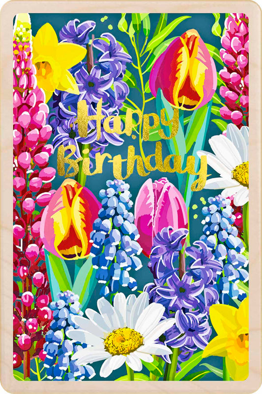 Birthday Card, Floral design by Sarah Kelleher, printed on sustainable wood by The Wooden Postcard Company