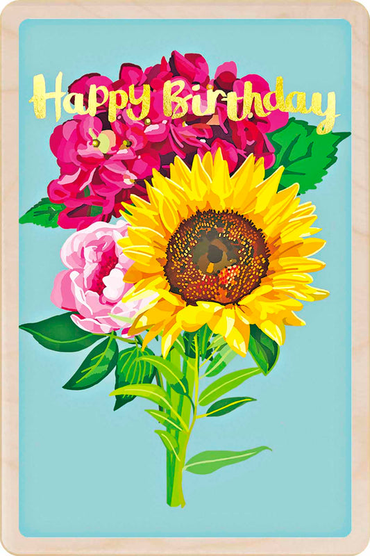 Happy Birthday wooden postcard with Sunflower illustration