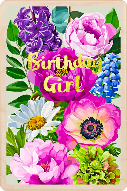 Birthday Card, Floral design by Sarah Kelleher, printed on sustainable wood by The Wooden Postcard Company