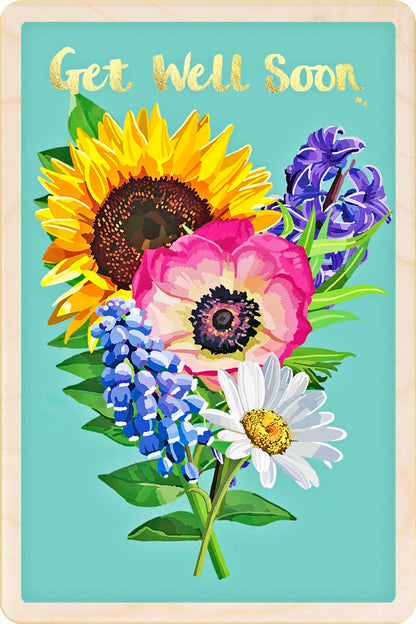Get Well Soon - floral card to send love, support, or thoughtful wishes. Made in Suffolk from sustainable wood since 2012.