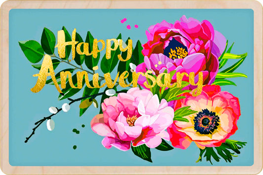 Wooden anniversary postcard featuring a floral design by Sarah Kelleher, printed on sustainably sourced wood by The Wooden Postcard Company