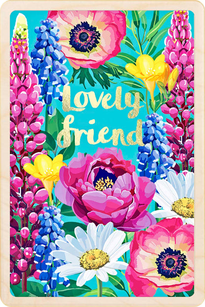 Lovely Friend - floral card to send love, support, or thoughtful wishes. Made in Suffolk from sustainable wood since 2012.