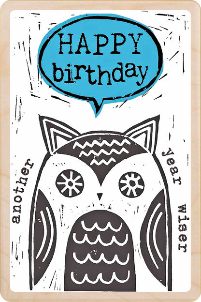 Birthday Card, Wise Owl design by Sarah Kelleher, printed on sustainable wood by The Wooden Postcard Company