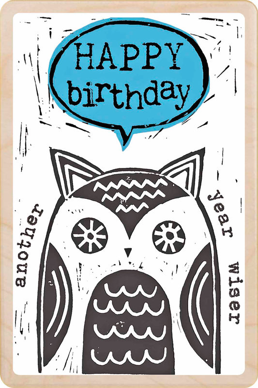 Birthday Card, Wise Owl design by Sarah Kelleher, printed on sustainable wood by The Wooden Postcard Company