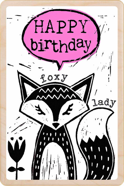 Birthday Card, Fox design by Sarah Kelleher, printed on sustainable wood by The Wooden Postcard Company