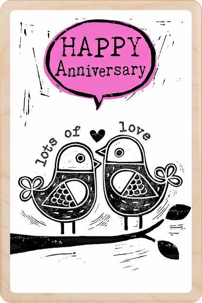 Wooden anniversary postcard featuring a love birdsdesign by Sarah Kelleher, printed on sustainably sourced wood by The Wooden Postcard Company