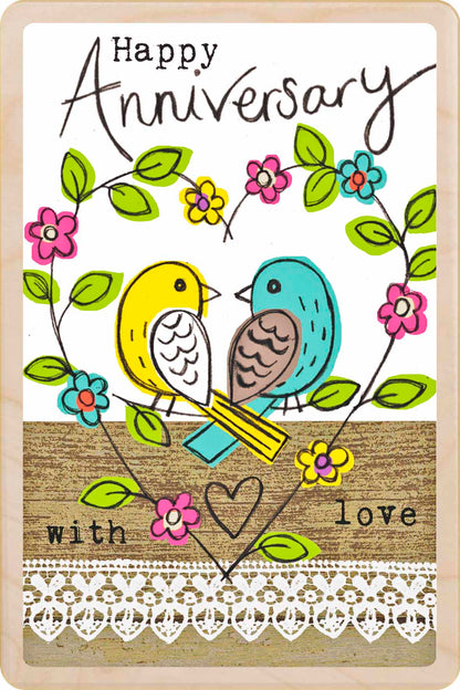 Wooden anniversary postcard featuring love birds design by Sarah Kelleher, printed on sustainably sourced wood by The Wooden Postcard Company
